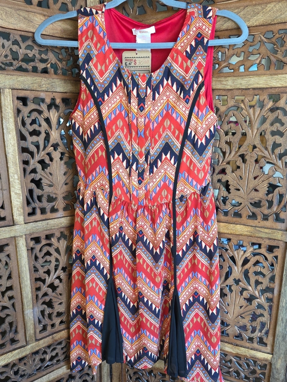 Esley Red Chevron Sleeveless Mini Dress with Black Accents